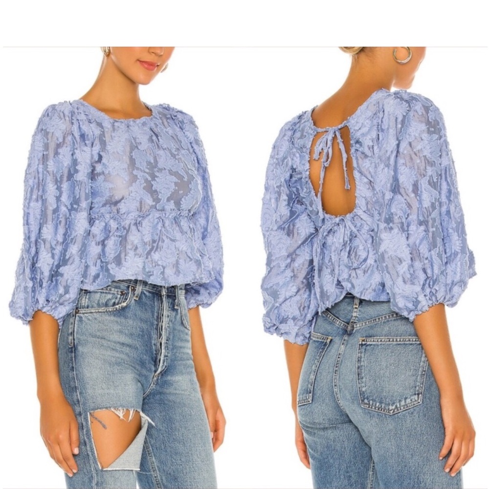 Free People Lavender Sheer Puff Sleeve Crop Top